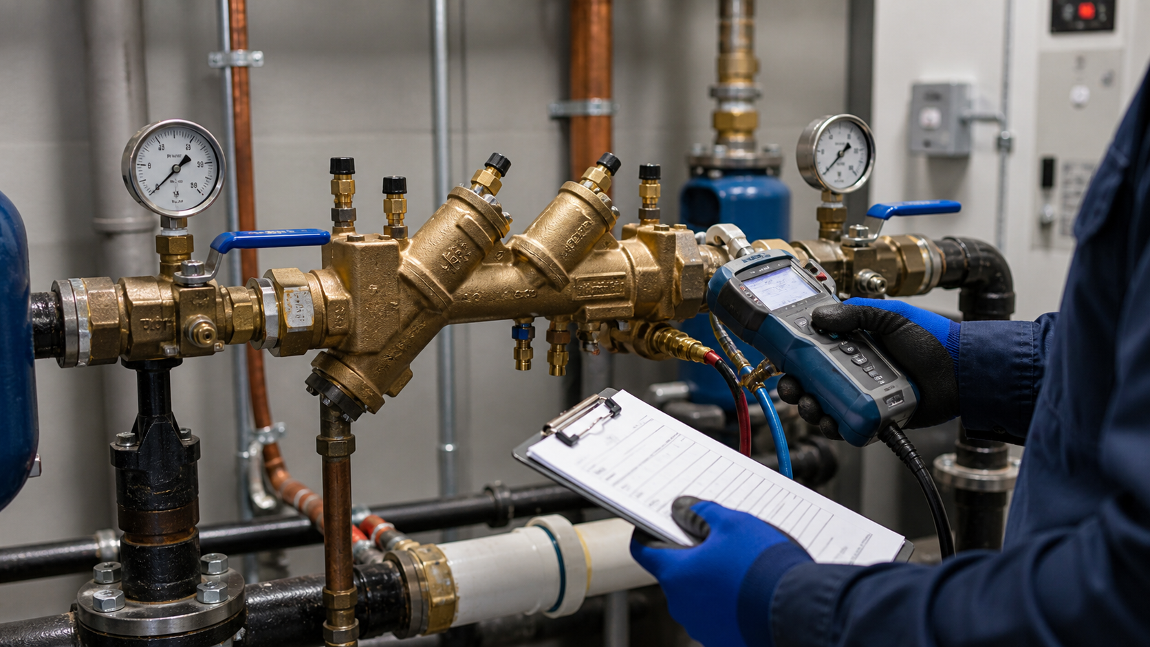 Technician testing a commercial backflow prevention assembly