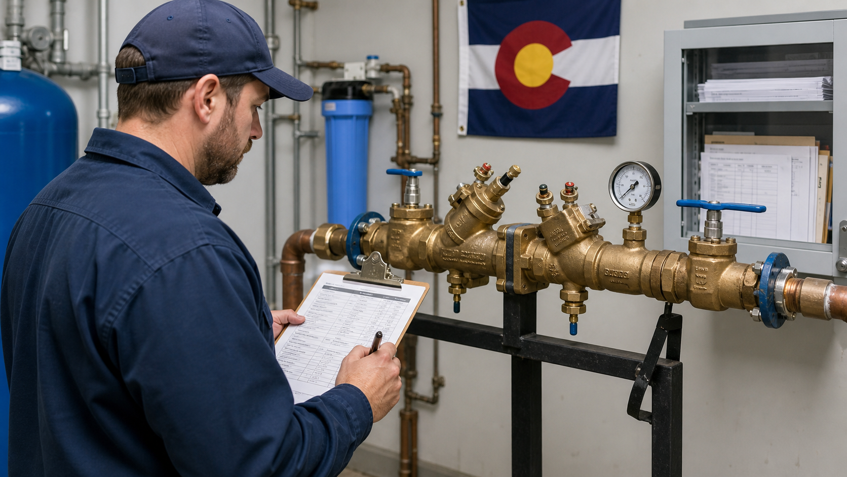 Certified tester documenting a Colorado backflow prevention inspection