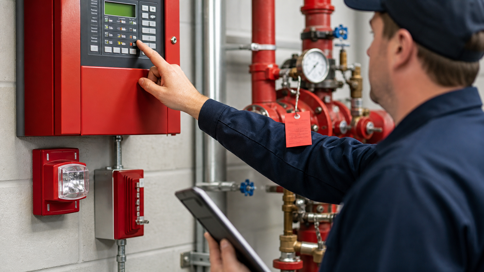 Technician inspecting a fire alarm control panel and sprinkler system