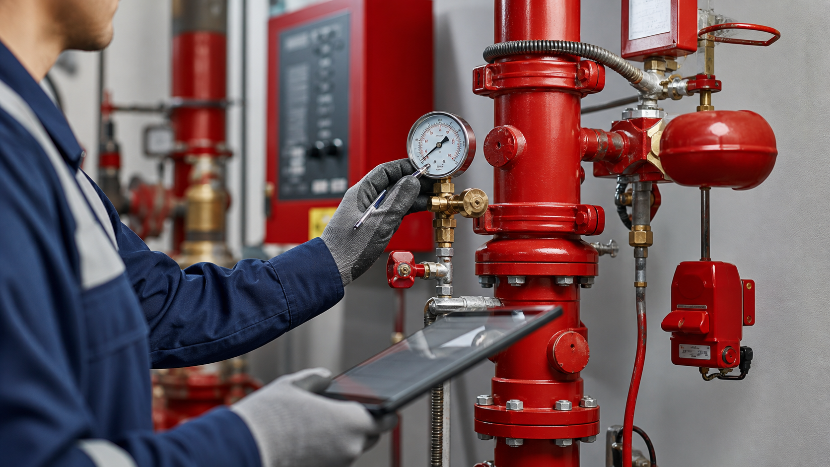 Technician inspecting a fire sprinkler system gauge
